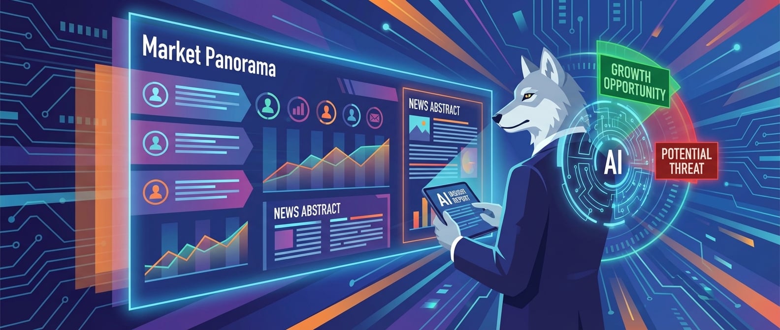 文生图:扁平化矢量插画,一个身着现代商务装的“雪狼”产品经理形象,他站在一个巨大的、发光的“市场全景图”前。全景图由动态的数据流、竞品图标、用户趋势线和新闻摘要组成。AI(以抽象的智能雷达或透视镜表示)正在扫描并实时分析这些数据,精准地突出显示出“增长机会”和“潜在威胁”。雪狼手持一个平板电脑,上面显示着AI生成的简洁洞察报告。背景是抽象的数字界面,强调智能洞察和速度。
