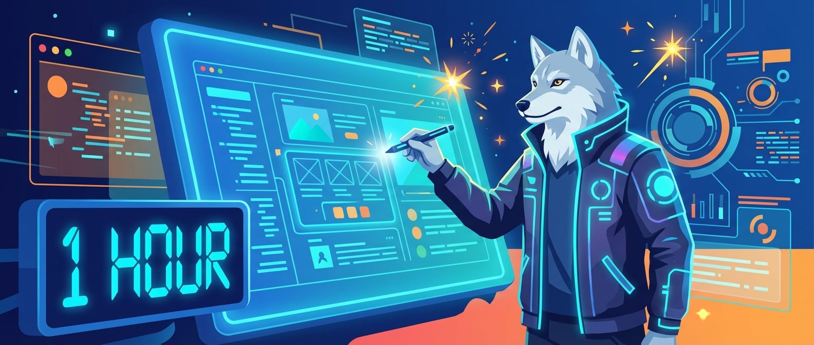 文生图:扁平化矢量插画,一个身着现代科技感服装的“雪狼”产品经理形象,他手持一支发光的“神笔”,站在一个巨大的、发光的画板前。画板上,根据雪狼的指令,一个精美、可交互的产品概念正在快速自动生成UI界面和核心功能。旁边有一个巨大的数字时钟,显示着“1 HOUR”,强调时间效率。背景是抽象的数字界面和创意灵感的迸发,突出AI在产品概念快速原型方面的“魔法”能力。