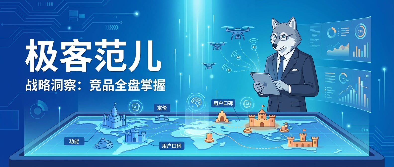 文生图:扁平化矢量插画,一个身着现代商务装的“雪狼”战略家形象,他站在一个巨大的、发光的“沙盘”前。沙盘上是多个竞争对手的产品(以不同的城堡或基地表示),并有数据流和AI智能分析的标记,清晰地显示着各竞品的功能、定价、用户口碑等信息。AI(以抽象的智能雷达或无人机群表示)正在实时收集并分析这些情报,并向雪狼的平板电脑反馈智能洞察。背景是抽象的数字界面,强调战略分析和实时情报。