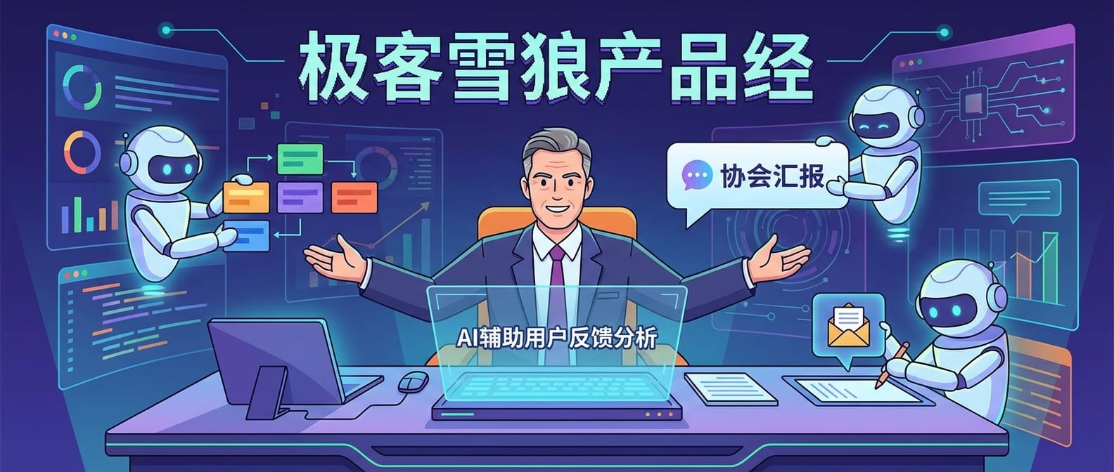 文生图:扁平化矢量插画,一个身着现代商务装的“雪狼”产品经理形象,他坐在一个整洁、充满科技感的办公桌前,双手张开,显得轻松而专注。在他周围,有多个发光的AI机器人(或抽象的AI助手)正在高效地执行任务:一个在整理数据,一个在生成会议纪要,一个在起草邮件。桌面上,一个全息屏幕显示着AI辅助的用户反馈分析。背景是抽象的数字界面和智能连接,强调AI助手在解放产品经理双手方面的多功能性。