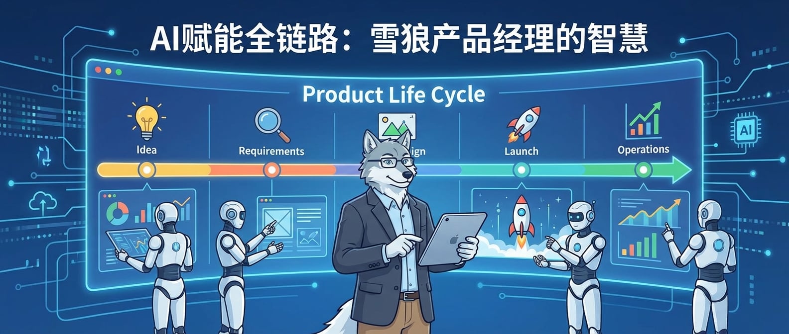 文生图:扁平化矢量插画,一个身着现代商务装的“雪狼”产品经理形象,他站在一个巨大的、发光的“产品生命周期”时间轴前。时间轴上分布着各个阶段的具象化图标(如灯泡代表构思、放大镜代表需求、画板代表设计、火箭代表上线、增长曲线代表运营)。在每个阶段,都有一个AI机器人(或智能助手)在为雪狼提供辅助,如AI分析数据、AI生成原型等。雪狼手持一个平板,自信地指挥着全局。背景是数据流和智能连接,强调AI赋能的全链路覆盖。
