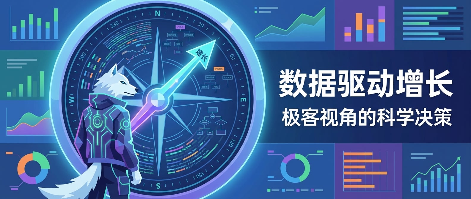 文生图:扁平化矢量插画,一个身着现代科技感服装的“雪狼”形象,他站在一个巨大的、发光的罗盘前,罗盘上刻画着错综复杂的数据流和产品决策路径。罗盘指针清晰地指向“增长”方向,周围的背景是清晰的图表和数据可视化。整个画面强调决策的科学性、清晰的逻辑和数据带来的确定性。
