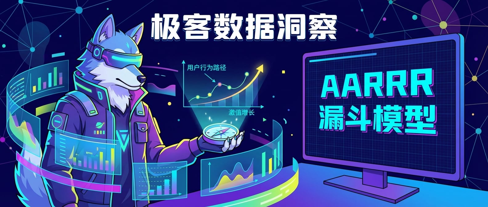 文生图:扁平化矢量插画,一个身着现代科技感服装的“雪狼”形象,他手持一个发光的罗盘,罗盘上显示着用户行为路径和增长曲线。周围环绕着动态的数据流和图表,其中一个屏幕上清晰地展示了“AARRR漏斗模型”。整体画面强调数据可视化和洞察力,色彩鲜明,背景是抽象的数字宇宙。