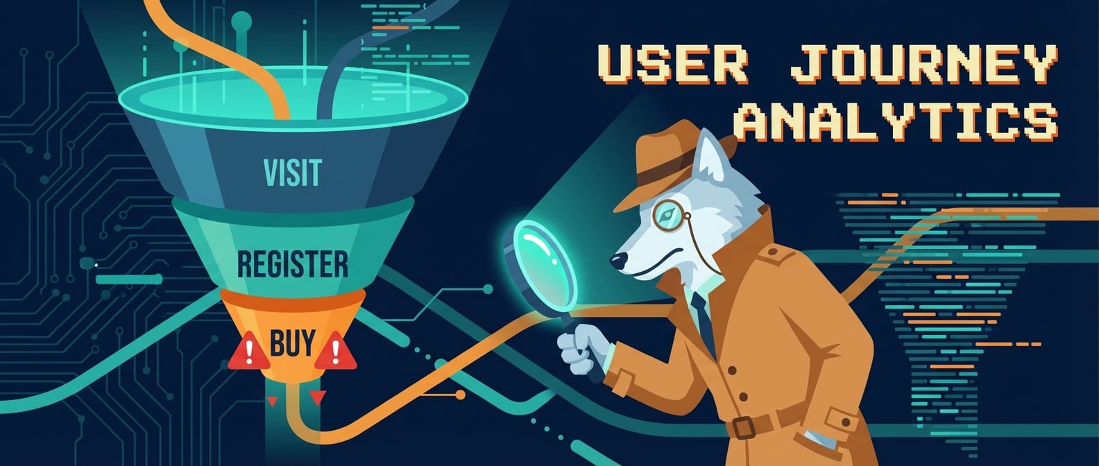 文生图:扁平化矢量插画,一个身着风衣、头戴礼帽的“雪狼”侦探形象,他手持一个发光的放大镜,正在仔细检查一个巨大的、清晰的漏斗图。漏斗的每个层级都代表用户旅程的不同阶段(如“访问”、“注册”、“购买”),并在流失点处有红色的警示标记。背景是交织的用户行为路径线条和数据流,强调细致的分析和问题定位。