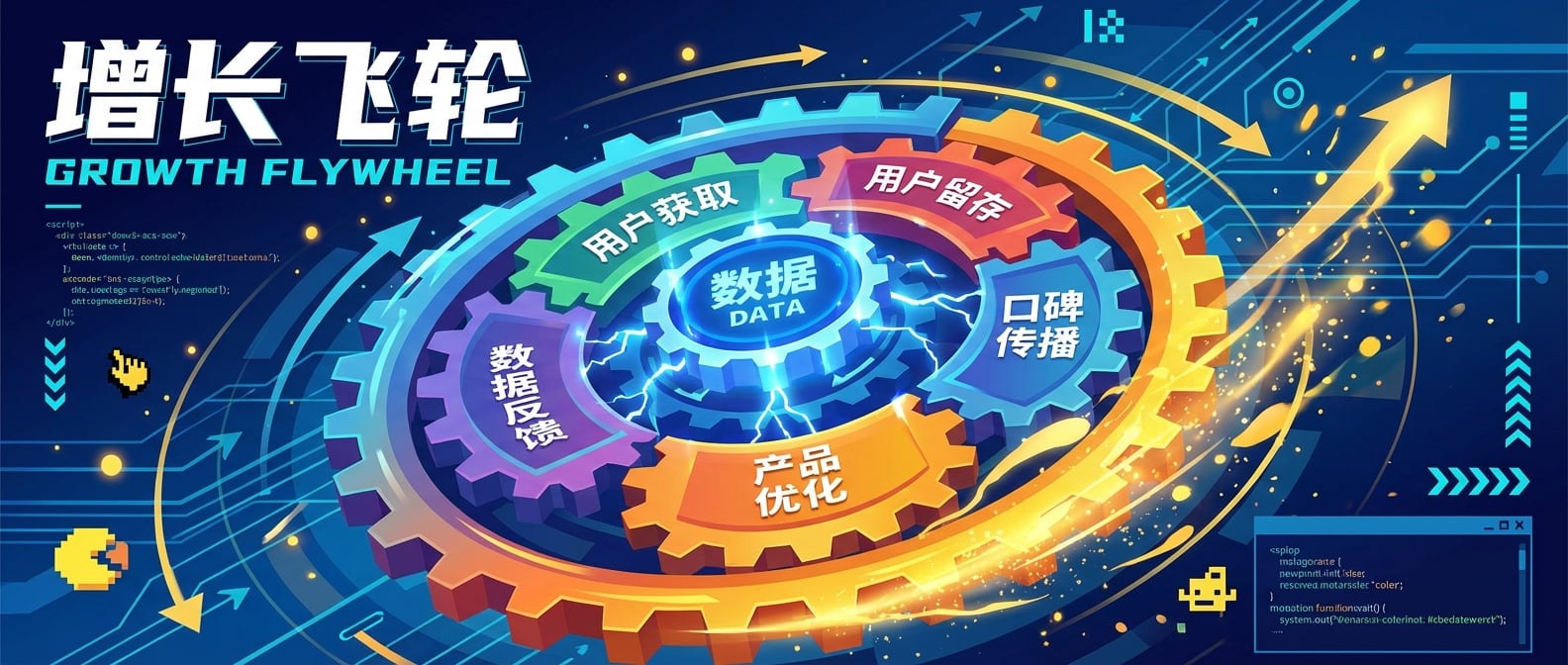 文生图:扁平化矢量插画,一个巨大的、充满活力的机械飞轮,由多个互相啮合的齿轮组成,每个齿轮上标注着一个增长阶段(如“用户获取”、“用户留存”、“口碑传播”)。飞轮的中心有一个发光的“数据”核心,驱动着整个系统高速运转。飞轮周围散发出金色的能量,象征着产品用户像滚雪球一样不断增长。背景是抽象的数字网络和箭头,表达增长的动态和循环。