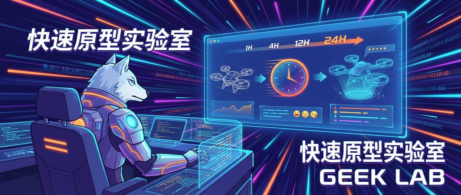 文生图:扁平化矢量插画,一个身着未来感服装的“雪狼”形象,坐在一个充满代码和数据流的控制台前。他的面前是一个巨大的全息屏幕,上面显示着一个产品概念从草图到可交互原型的快速演变过程,以及实时跳动的用户反馈数据。屏幕上的时间以“小时”为单位快速流逝,背景有象征速度和效率的流光。整体风格:科技感、动感、充满未来气息。