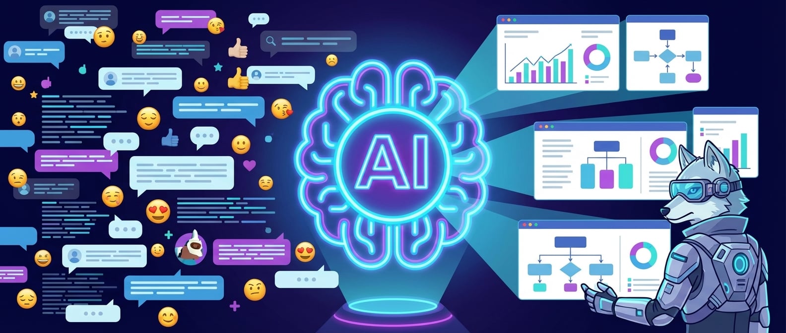 文生图:扁平化矢量插画,一个巨大的、发光的AI核心,形状像一个智慧的大脑,周围环绕着无数漂浮的用户反馈气泡、文字流和表情符号。AI核心放射出智能光束,将这些原始数据转化为清晰、简洁的洞察报告和数据可视化图表。画面中有一个身着科技感服装的“雪狼”形象,正在审视这些AI生成的洞察。整体风格:科技感、数据可视化、智能与洞察。