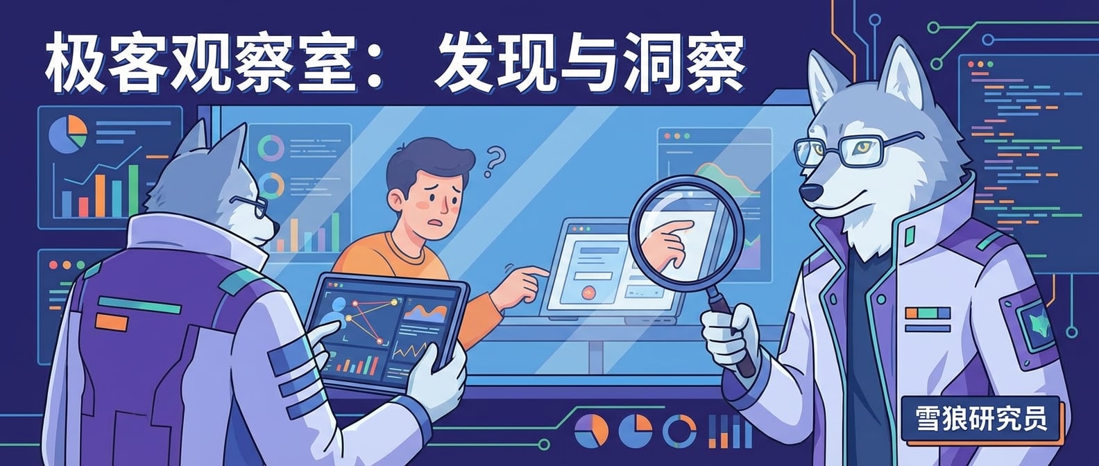 文生图:扁平化矢量插画,一个身着现代科技感服装的“雪狼”研究员形象,他站在一个巨大的单向玻璃观察室前。玻璃的另一侧,有一个普通用户正在尝试使用一个产品原型(电脑或手机界面),用户脸上带着一丝困惑或沮丧的表情。观察室内的雪狼,手持平板电脑,上面显示着用户操作的实时数据和眼动轨迹,旁边有一个巨大的放大镜,聚焦在用户操作的某个细节上。背景是数据可视化图表,强调观察、发现和洞察。
