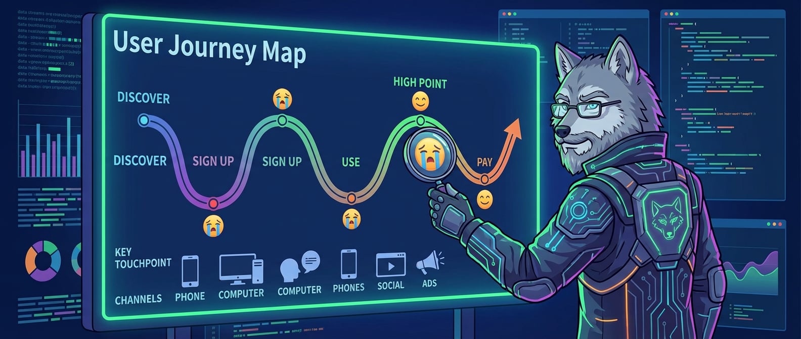 文生图:扁平化矢量插画,一个身着现代科技感服装的“雪狼”导航员形象,他站在一个巨大的、发光的“用户旅程图”前。地图上绘制着蜿蜒的路径,代表用户与产品互动的各个阶段(如“发现”、“注册”、“使用”、“支付”)。路径上清晰地标注着表情符号(哭脸代表痛点,笑脸代表爽点),以及关键触点和渠道。雪狼手持一个放大镜,正仔细研究地图上的某个“痛点”。背景是数据流和用户行为的可视化,强调全局视角和细节洞察。