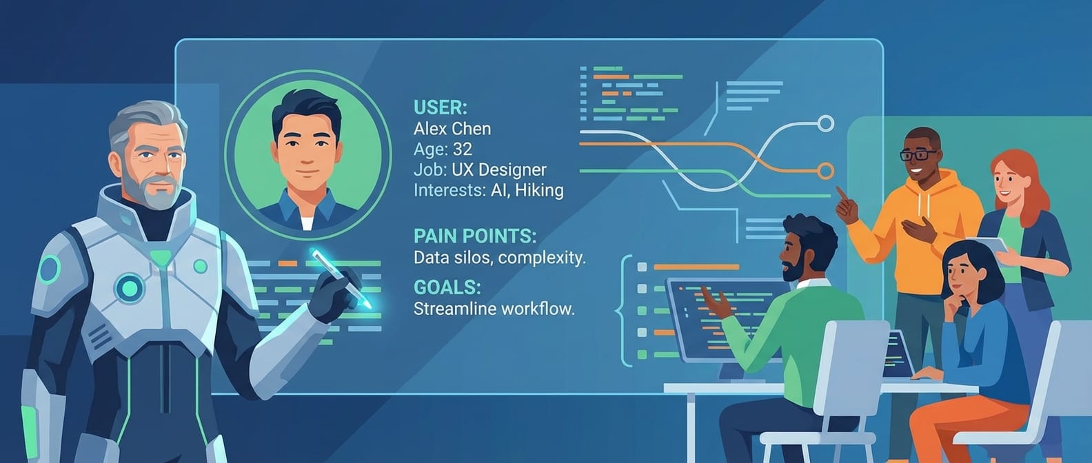 文生图:扁平化矢量插画,一个身着现代科技感服装的“雪狼”产品经理形象,他手持一支发光的笔,站在一个巨大的透明画板前。画板上浮现出一个充满细节的用户画像,包括用户的头像、姓名、年龄、职业、兴趣爱好,以及痛点和目标。画像周围有数据流和用户行为路径的抽象线条,强调数据驱动的具象化。背景是团队成员围绕画板热烈讨论的场景,象征共识和协作。