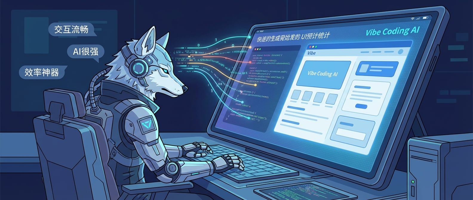文生图:扁平化矢量插画,一个身着未来感服装的“雪狼”设计师形象,坐在一个高科技的工作台前。他的面前是一个巨大的触摸屏,上面展示着一个由Vibe Coding AI快速生成的精美、可交互的用户界面原型。AI的视觉元素以闪烁的代码和数据流的形式,从雪狼的思维中流向屏幕。背景有用户测试的元素,如小气泡中的用户反馈。整体风格:科技感、效率感、智能设计与人机协作。