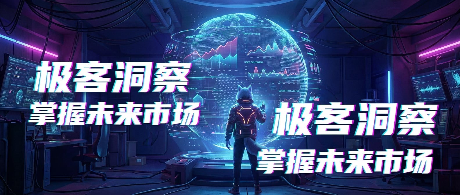 文生图:一个科幻感的指挥中心。一位产品经理(雪狼形象)正对着一个由无数流动的发光数据组成的巨大全息球体。球体中不断闪现出市场趋势图、用户情绪波形和竞品动态。画面充满智慧感和掌控力。风格:赛博朋克、未来主义。