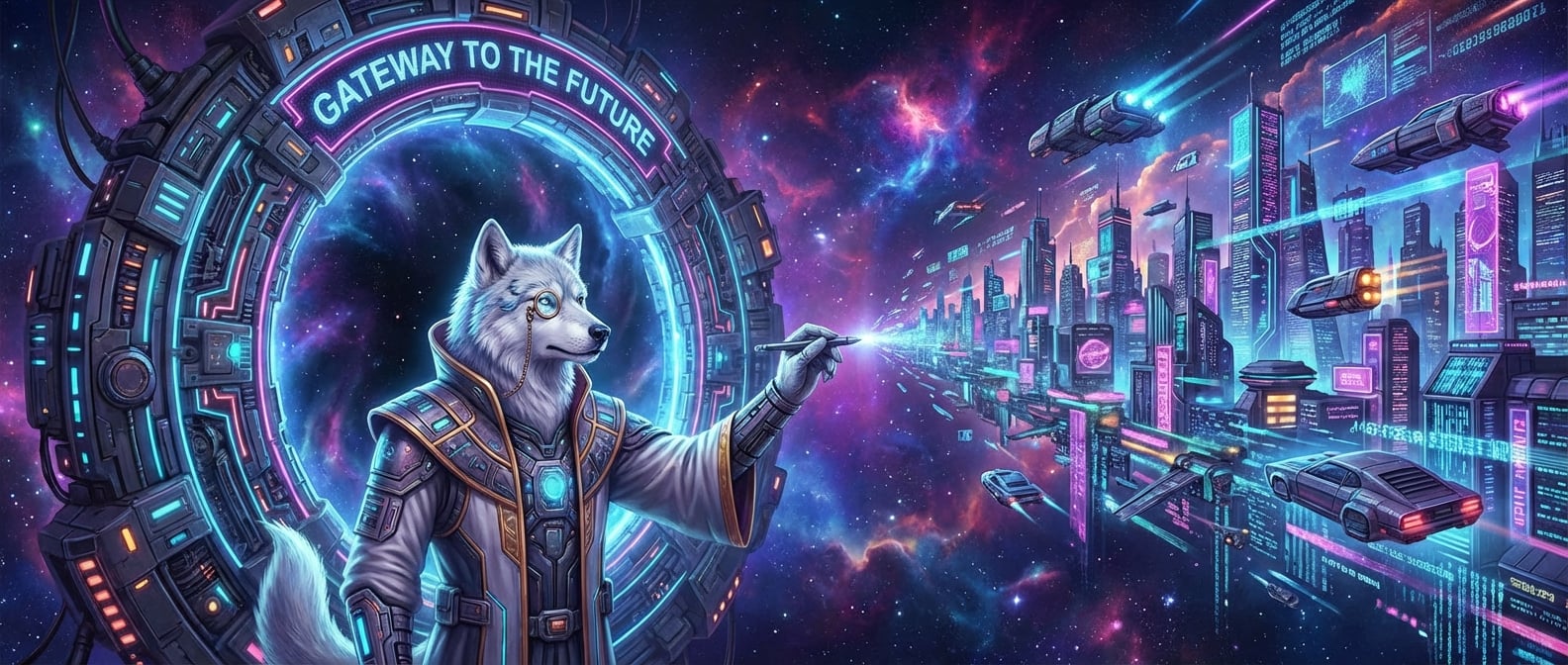 文生图:一幅宏大的远景。一位长者(雪狼形象)正站在一扇巨大的、通往虚空的“未来之门”前。他手中的笔尖点在虚空处,笔尖划过的地方,正有繁华的城市、飞翔的交通工具和流动的智慧光流不断涌现。风格:超现实主义、史诗感。