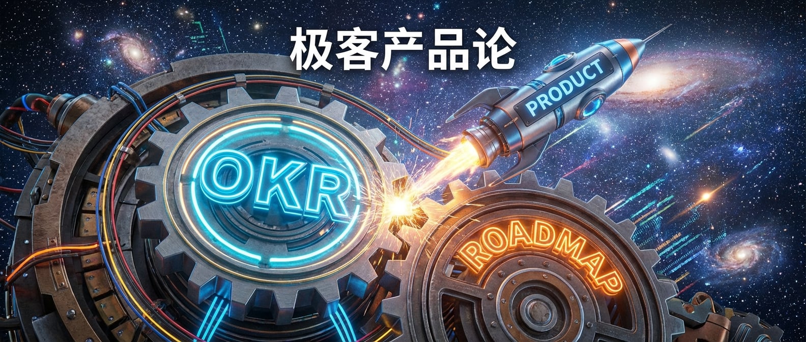 文生图:一个精密的机械装置。左边是一个发光的“OKR”齿轮,右边是一个“Roadmap”齿轮。两个齿轮严丝合缝地咬合在一起,共同驱动着一个向上飞翔的“产品”模型。背景是璀璨的星空。风格:3D渲染、科技感。