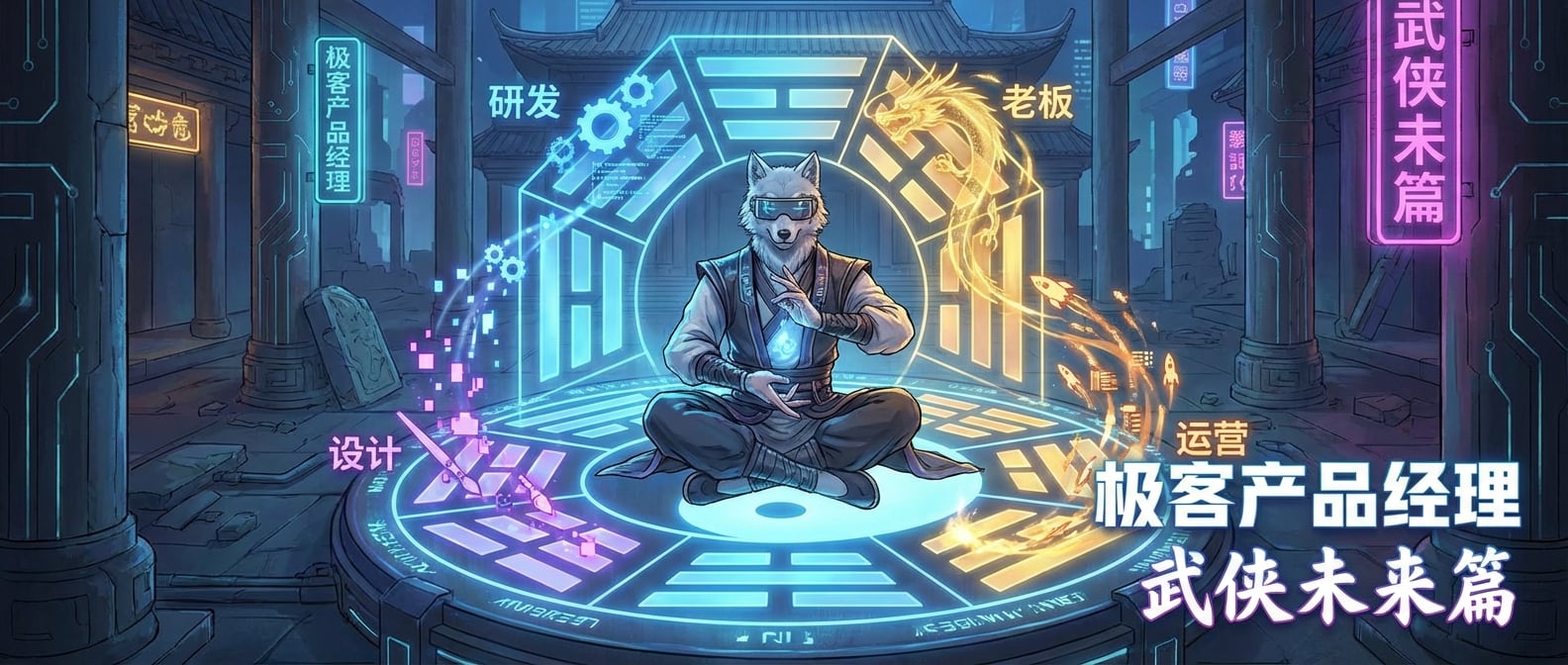 文生图:一个产品经理(雪狼形象)正坐在一张巨大的太极八卦图中央。图的周围分布着代表“研发”、“设计”、“运营”、“老板”的不同光点。产品经理通过手势,引导着这些光点在不同区域间流转、聚合。风格:武侠气息与未来感。