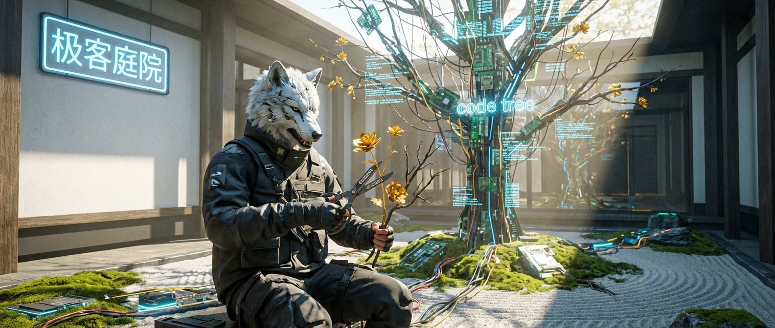 文生图:一个极简主义的现代庭院。一位架构师(雪狼形象)正坐在一株形态奇特的“代码树”(路线图)前,手中拿着一把精致的剪刀(反馈)。树上开出了几朵代表“创新”的金色花朵,但也有些枯萎的枝条正被剪落。阳光从缝隙中洒下。风格:日式枯山水与赛博朋克结合。