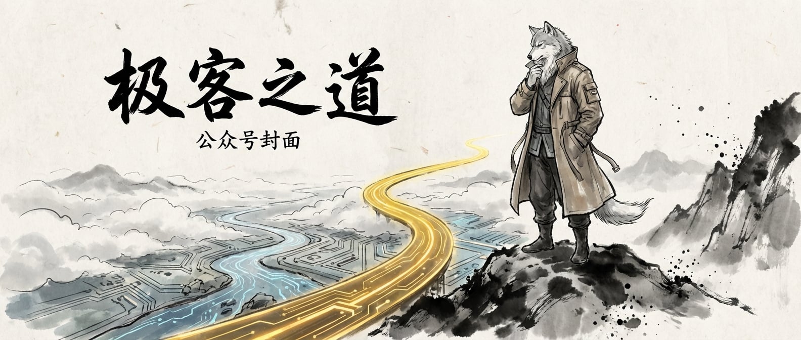 文生图:一幅意境悠远的水墨画。画面中是一位穿着现代风衣的老者(雪狼形象),他正站在高山之巅,手抚胡须,俯瞰着下方云雾缭绕、被无数小径切割的复杂大地。他的目光锁定在一条蜿蜒而上、穿透云霄的主干道上。风格:中国风、写意与现代结合。