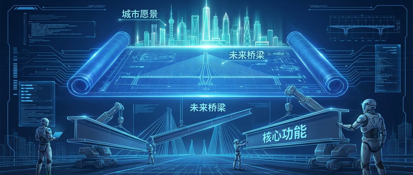 文生图:一个精密的建筑蓝图正在半空中展开。蓝图的上方是发光的城市愿景,下方是一个正在建造的、具有未来感的桥梁。几位工程师(团队)正在蓝图的指导下,有条不紊地吊装巨大的钢梁(核心功能)。风格:严谨的工程美学、蓝图风格。