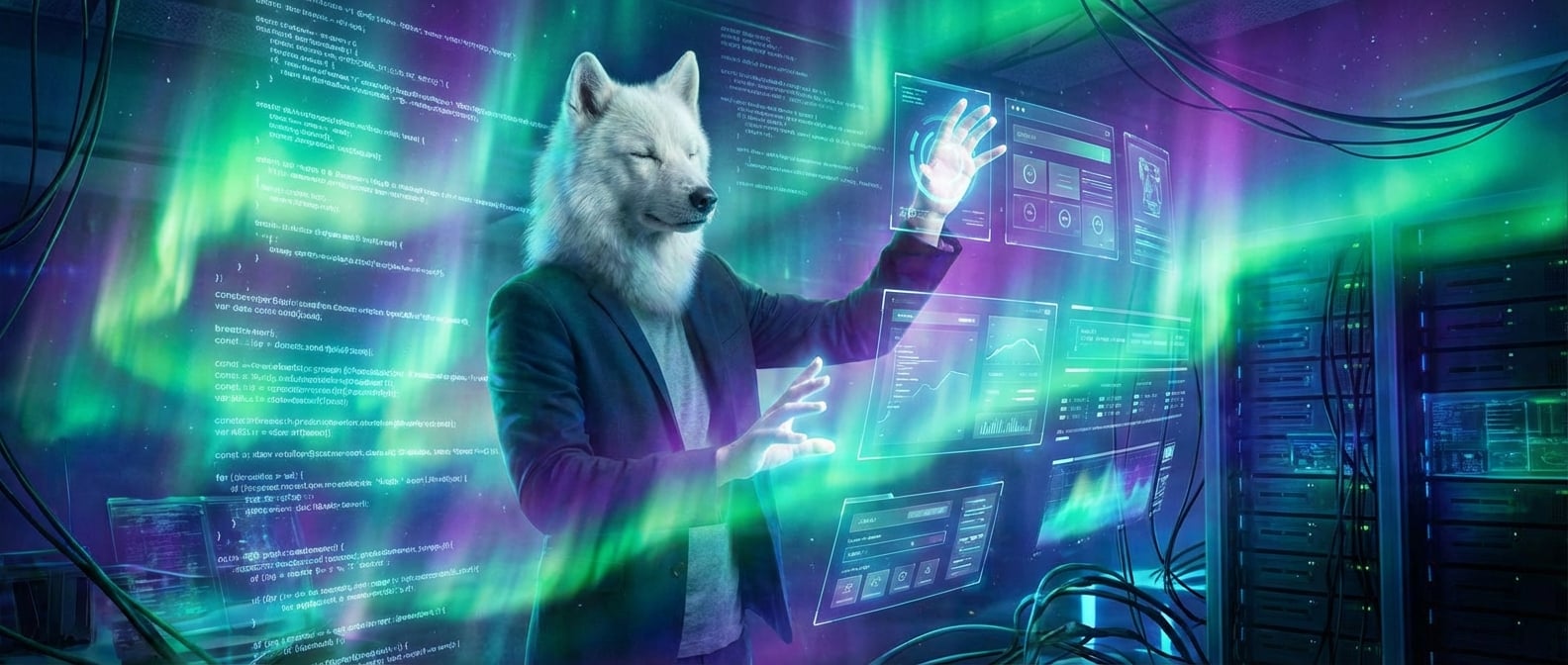 文生图:一个科幻工作室。产品经理(雪狼形象)正闭着眼睛,双手在一团发光的、不断变换形状的代码云气中挥动。随着他的呼吸和手势,一幅精美的产品界面正从云气中具象化出来。风格:抽象、极光色调、动感。