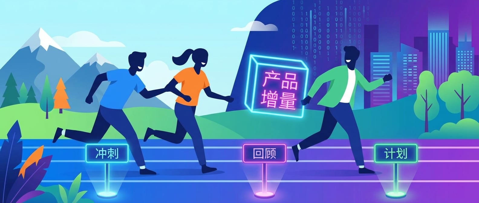 文生图:扁平插画风格,画面中心是一个产品团队(由简洁的人物剪影组成)正在快速奔跑,每个人都在接力传递一个发光的“产品增量块”(代表每次迭代的成果)。团队成员步伐协调,面带笑容,象征着高效协作。背景是不断变化的风景,代表市场和需求的变化。跑道上有标示着“冲刺”、“回顾”、“计划”的敏捷开发里程碑。色彩动感,突出速度与效率。