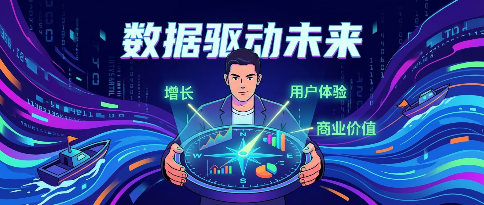 文生图:扁平插画风格,画面中心是一个产品经理形象,手持一个发光的“智能罗盘”。罗盘的指针指向“增长”、“用户体验”、“商业价值”等方向,罗盘表面动态显示着各种数据图表(折线图、柱状图、饼图)。产品经理眼神坚定,背景是数据流和抽象的数字世界。周围有小船(产品)在波浪中航行,罗盘的光芒指引着它们的方向。色彩科技感强,突出数据指引的智慧。