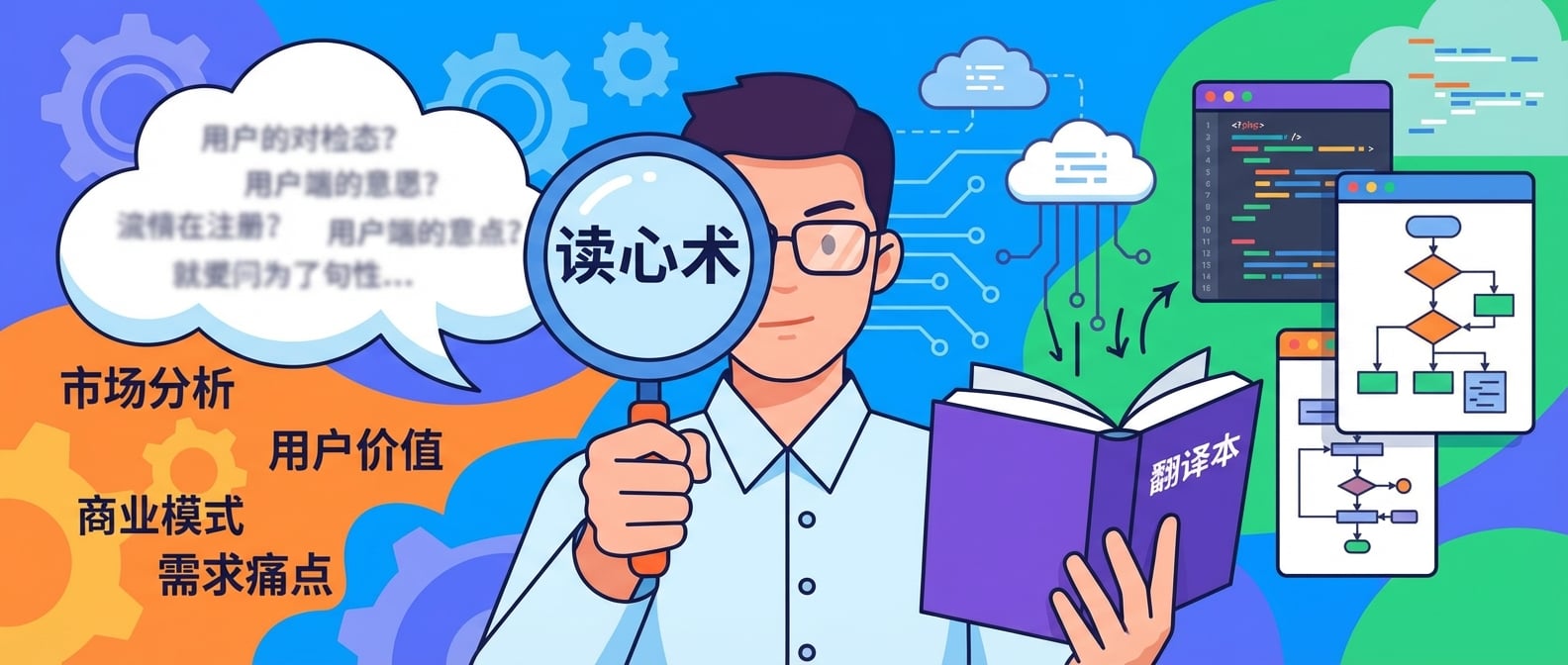 文生图:扁平插画风格,画面中心是一个产品经理形象,一只手拿着放大镜(代表“读心术”)仔细观察着一个用户气泡框中的模糊意图,另一只手拿着一个翻译本,将复杂的商业语言(左侧文字)翻译成清晰的技术指令(右侧代码和流程图)。背景是齿轮和云端数据的抽象元素,象征业务与技术。产品经理表情专注,眼神睿智。色彩明亮,突出沟通与理解。