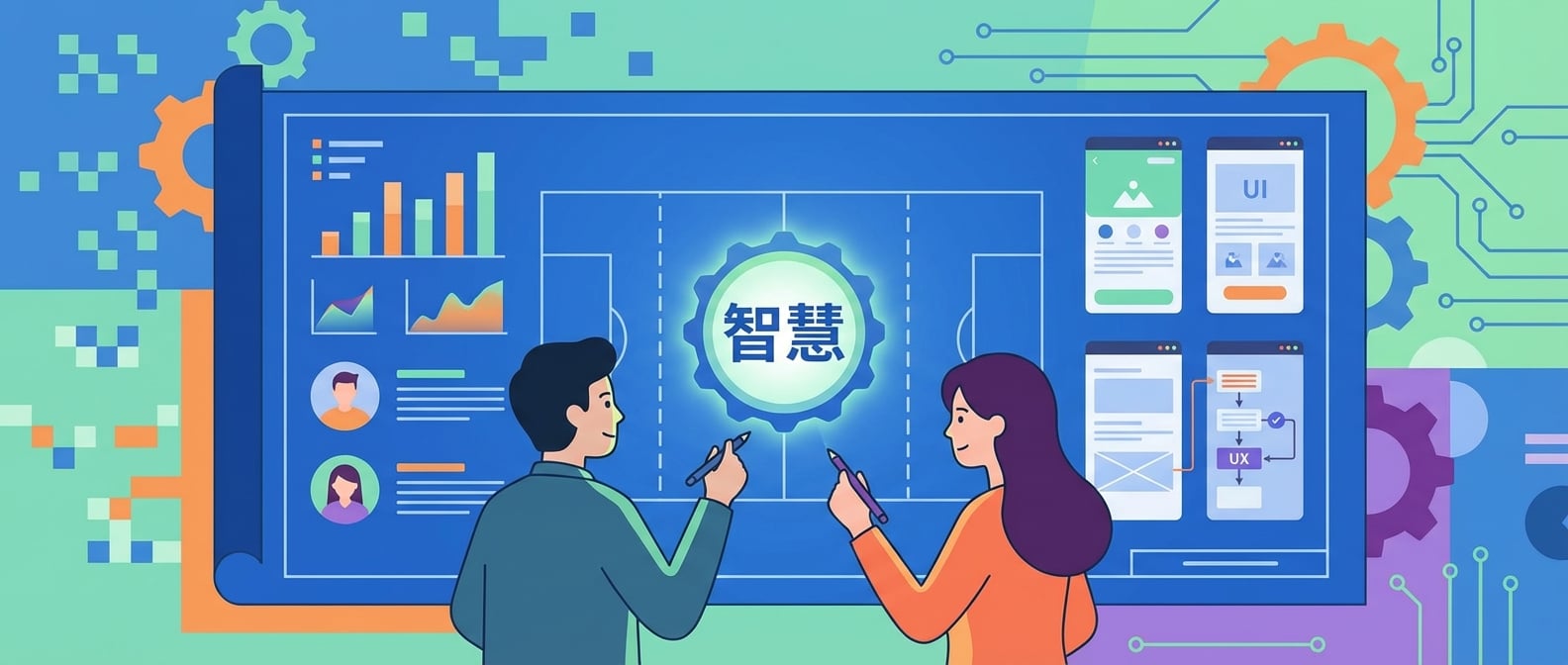 文生图:扁平插画风格,画面中心是一个正在协同绘制的巨大蓝图。蓝图一边是代表产品经理的抽象商业图表和用户画像,另一边是代表设计师的精美UI界面和用户体验流程。蓝图上有一枚发光的“智慧”徽章,寓意美学与功能的结合。产品经理和设计师(都以简洁的人物剪影表示)各自拿着笔在蓝图上描绘,神情专注且默契。背景是齿轮和像素点组成的抽象科技元素。色彩和谐,突出协作与创造。