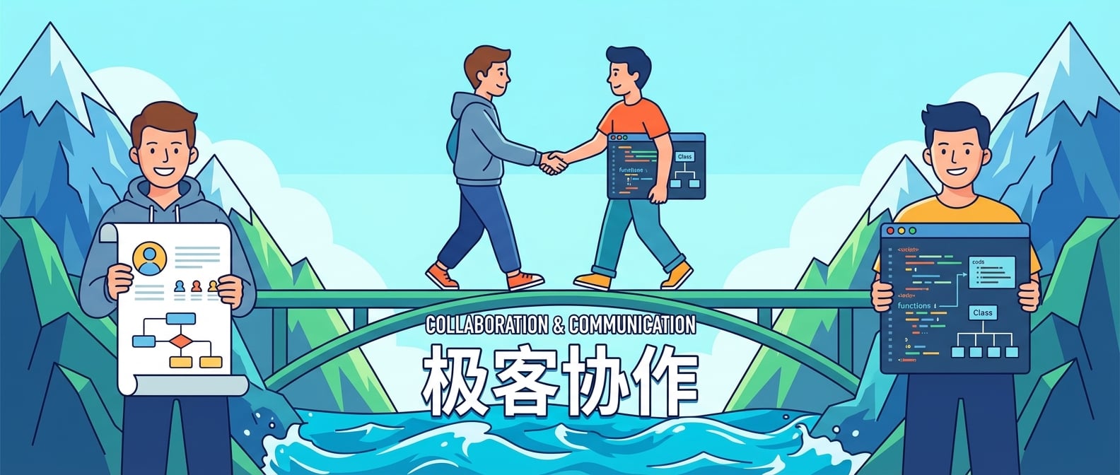 文生图:扁平插画风格,画面中心是一座横跨两座高山的桥梁。桥的一端站着一个手持需求文档(画有用户画像和需求流程图)的产品经理形象,另一端站着一个手持代码(画有函数和类图)的研发工程师形象。两人面带微笑,相向而行,准备在桥中央握手。桥下是湍急的河流,代表项目中的挑战与障碍。色彩明亮,线条简洁,突出协作与沟通的主题。