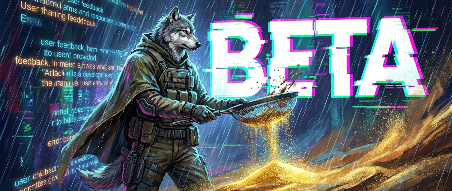 文生图:一个产品经理(雪狼)正站在暴雨中(用户反馈),雨水落地变成了闪闪发光的金砂。他手中拿着一个筛子,正专注地过滤着泥沙。背景是产品的 Beta 标识。风格:具有冲击力的现代画作。