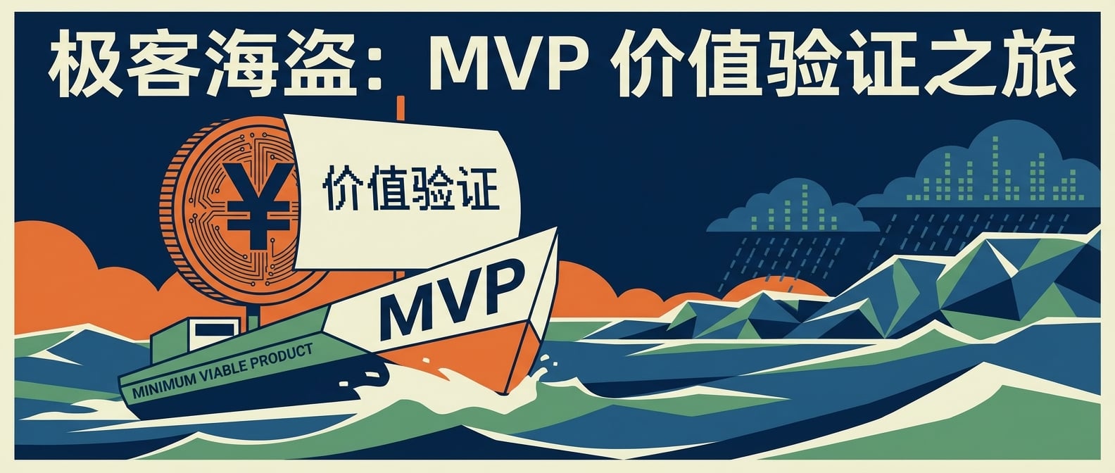 文生图:一艘精简、干练的小船(MVP)正破浪前行,它的桅杆是一枚巨大的钱币符号,帆上印着“价值验证”。远处是波涛汹涌的大海。风格:扁平化插画。