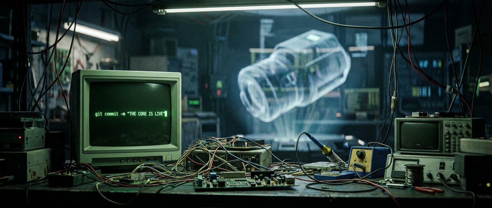 文生图:一个充满凌乱电线、裸露电路板和发光显示屏的极简工作台。显示屏上只有一行核心代码正在运行,背景是一个模糊的、宏伟的产品幻影。风格:写实摄影、极客风格。
