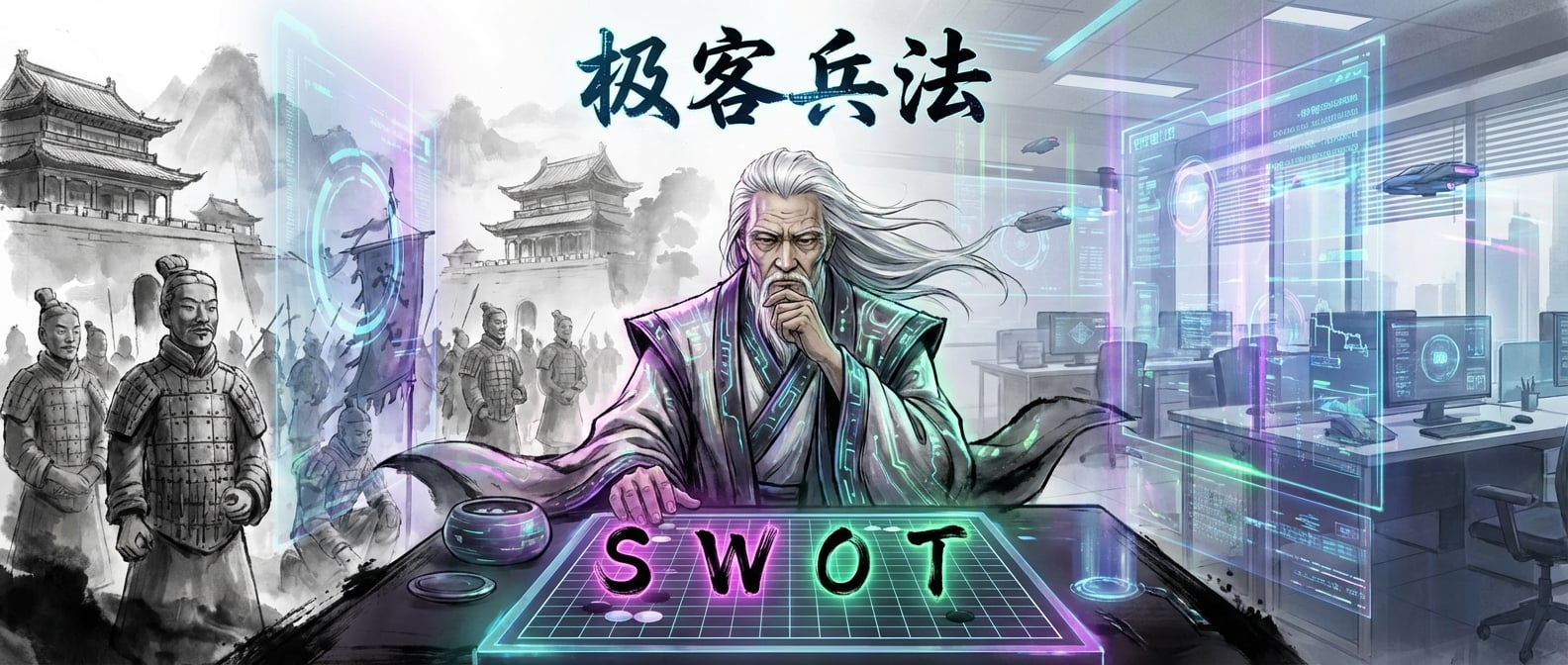 文生图:一位老者(雪狼)正坐在棋盘前,审视着局势。棋盘上摆放着SWOT四个字,背景是若隐若现的现代办公场景与古代战场重叠。风格:写意水墨与赛博朋克结合。