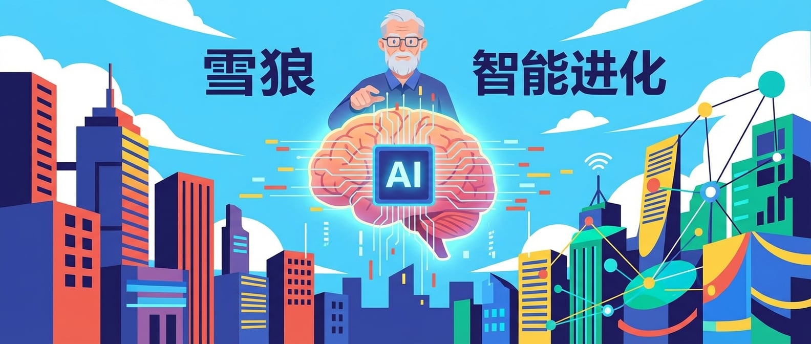 文生图:扁平化矢量插画,一个巨大的、发光的AI核心,形状像一个智慧的大脑,位于画面中央。AI核心放射出无数条数据流和智能连接,这些连接渗透并重塑着企业商业模式的各个环节(如客户关系、运营流程、产品服务)。画面中有一个抽象的企业建筑群,正从传统的、固定的形态,向未来感的、动态的、相互连接的智能生态系统转变。天空中有“雪狼”作为引领者的形象,指引着企业进行“智能进化”。