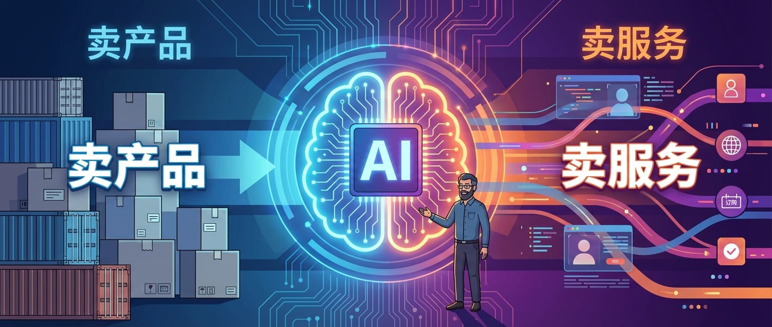 文生图:扁平化矢量插画,一个巨大的、发光的AI核心,形状像一个智慧的大脑,位于画面中央。AI核心的两侧,对比鲜明地展示着“卖产品”和“卖服务”两种商业模式。左侧“卖产品”区域,是一堆堆静态的、被打包好的产品箱。右侧“卖服务”区域,则是动态的、相互连接的数据流和人机交互界面,象征着持续的价值交付。AI核心作为连接和转化的桥梁,将产品箱逐渐转化为服务流。画面色彩对比强烈,强调转变和智能化。