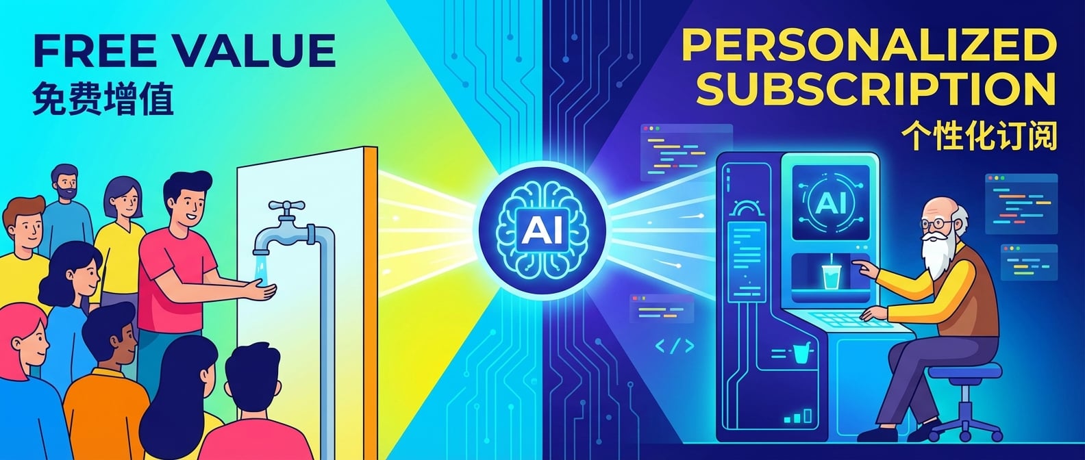 文生图:扁平化矢量插画,画面一分为二,对比展示“免费增值”与“个性化订阅”。左侧“免费增值”区域,是一群用户围着一个免费但内容有限的公共水龙头。右侧“个性化订阅”区域,则是一位用户在专属的、AI驱动的智能饮水机前,获得为他量身定制的饮品。AI核心(大脑形状)位于画面中央,发出光束连接左右,强调AI作为核心驱动力。整个画面色彩明亮,对比鲜明,象征着商业模式的进化。