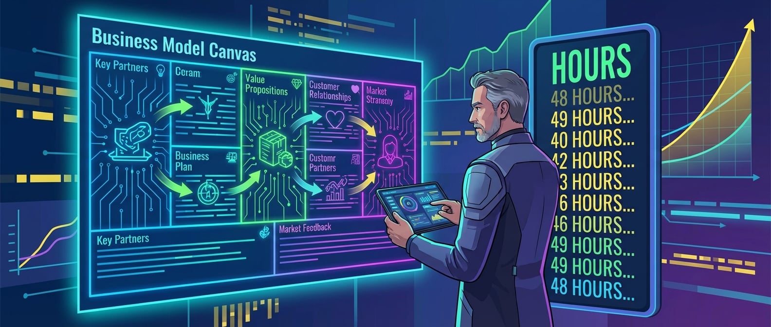 文生图:扁平化矢量插画,一个身着未来感商务装的“雪狼”战略家形象,他站在一个巨大的、发光的商业画布(Business Model Canvas)前。画布上动态地展示着商业模式的各个要素,并以数据流的形式不断变化和优化。旁边有一个巨大的数字时钟,时间显示正在以“小时”为单位快速流逝,象征着验证周期的极速缩短。雪狼手持一个平板电脑,上面显示着实时的AI分析结果和市场反馈。背景是抽象的商业数据流和增长曲线,强调速度、效率和智能决策。