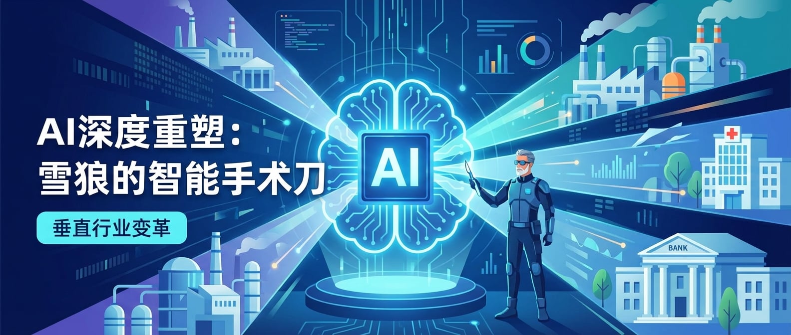 文生图:扁平化矢量插画,一个巨大的、发光的AI核心,形状像一个智慧的大脑,位于画面中央。AI核心放射出智能光束,精准地切割和重塑着一个由传统工厂、医院、银行等元素组成的抽象垂直行业场景。被切割和重塑的部分,正转化为高效、智能的未来形态。画面中有一个身着现代科技感服装的“雪狼”形象,他站在AI核心的旁边,手持智能手术刀,象征着精准和颠覆。背景是数据流和行业专有知识的具象化,强调专业和智能的结合。