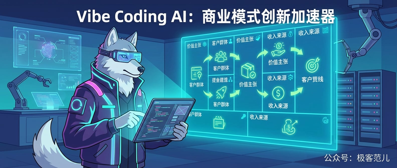 文生图:扁平化矢量插画,一个身着未来感服装的“雪狼”创新者形象,他站在一个巨大的、发光的商业画布前(Business Model Canvas),画布上由Vibe Coding AI动态生成着各种商业要素(价值主张、客户群体、收入来源等)。雪狼手持一个发光的平板,正在与AI实时互动,屏幕上快速迭代着不同商业模式原型的代码和UI界面。背景是一个充满科技感的创业实验室,象征着创新、速度和低成本。