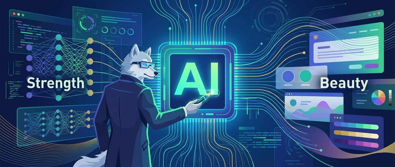 文生图:扁平化矢量插画,一个身着现代时尚服装的“雪狼”设计师形象,他站在一个巨大的、发光的AI核心前,核心周围环绕着优雅的线条和数据流。AI核心两侧,一侧是代表“实力”的复杂神经网络和算法可视化,另一侧是代表“颜值”的流畅UI界面和和谐配色。雪狼手持一个发光的雕刻工具,正在精雕细琢,使两者达到完美的平衡。背景是抽象的数字界面和充满艺术气息的线条,强调智能与美学的融合。