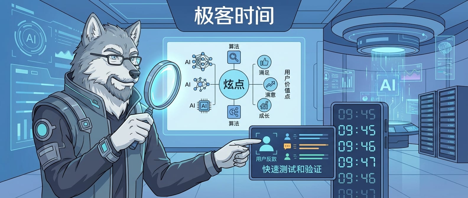 文生图:扁平化矢量插画,一个身着现代科技感服装的“雪狼”产品经理形象,他手持一个发光的放大镜,聚焦在一个由抽象AI技术元素和用户价值点组成的“炫点”概念图上。旁边有一个巨大的数字时钟,时间显示正在以“分钟”为单位快速流逝。雪狼的另一只手指向一个由数据流和用户反馈组成的屏幕,强调快速测试和验证。背景是抽象的数字界面和未来感的AI实验室,突出高效、低成本的验证过程。