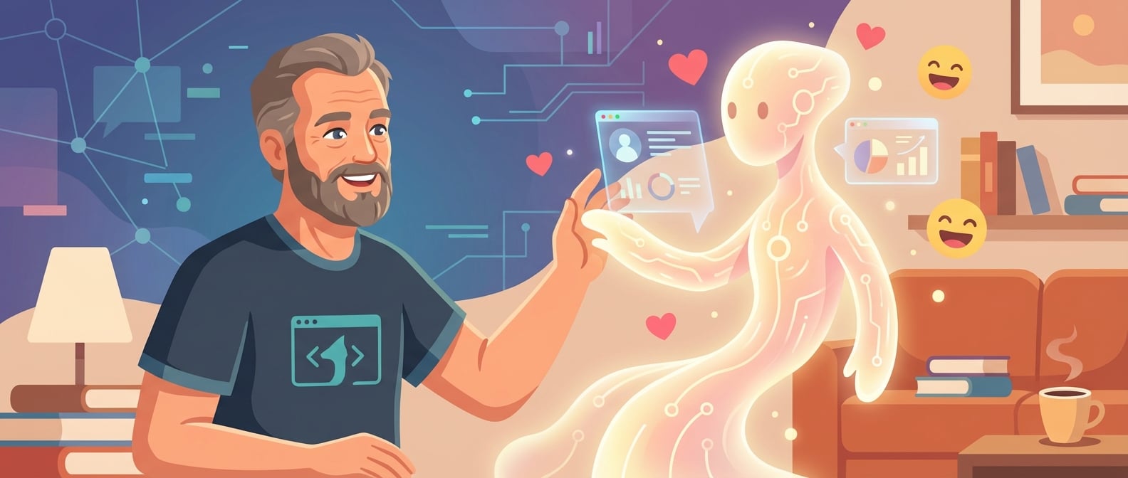 文生图:扁平化矢量插画,一个用户(抽象人形)与一个发光的、充满温度的AI实体进行亲密互动。AI实体以柔和的光芒和流线型的设计,提供着无缝且个性化的服务,用户脸上洋溢着发自内心的笑容和信任。AI实体周围环绕着心形的符号和用户愉悦的表情,背景是抽象的数字界面和温馨的家庭场景,强调人机之间深厚的情感连接和信任。