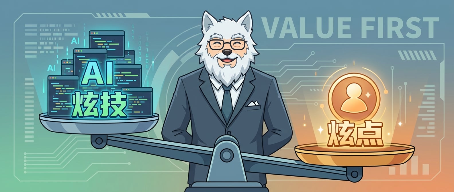 文生图:扁平化矢量插画,一个身着现代商务装的“雪狼”产品经理形象,他站在一个巨大的天平中央。天平的一端堆满了复杂的AI算法代码块(代表“炫技”),另一端则是一个发光的、简洁的用户痛点解决方案(代表“炫点”),并且“炫点”的一端明显更重,天平倾向“炫点”一侧。背景是抽象的数字界面,强调价值导向而非技术导向。雪狼面带微笑,表示对这种平衡的认可。