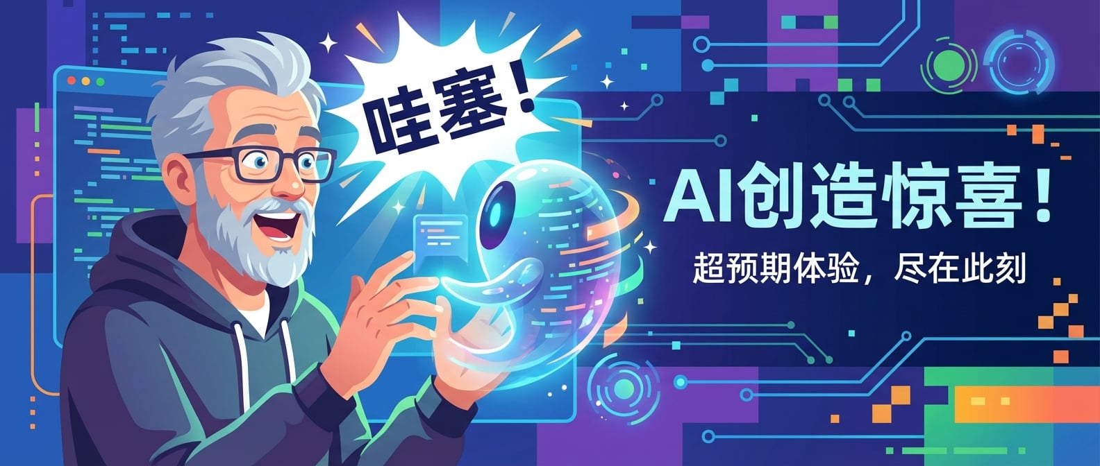 文生图:扁平化矢量插画,一个用户(抽象人形)正在与一个发光的、充满活力的AI实体进行互动。当AI完成某项任务或提供建议时,用户脸上露出极度惊讶和喜悦的表情,并从AI产品中爆发出一个巨大的“哇塞”气泡或闪光效果。AI实体以柔和的光芒和流线型的设计,提供着超预期的智能服务。背景是抽象的数字界面和充满魔幻感的科技元素,强调AI创造的惊喜和愉悦。