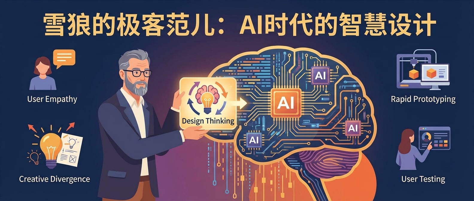 文生图:扁平化矢量插画,一个身着现代简约服装的“雪狼”设计师形象,他手持一个发光的、抽象的“设计思维”图标,将其融入到一个由无数数据流和AI智能模块构成的巨大AI大脑模型中。AI大脑模型周围,展示着用户共情、创意发散、快速原型和用户测试的具象化图标。整个画面强调人与AI的协作,技术与人性的融合,色彩温暖而充满智慧感。