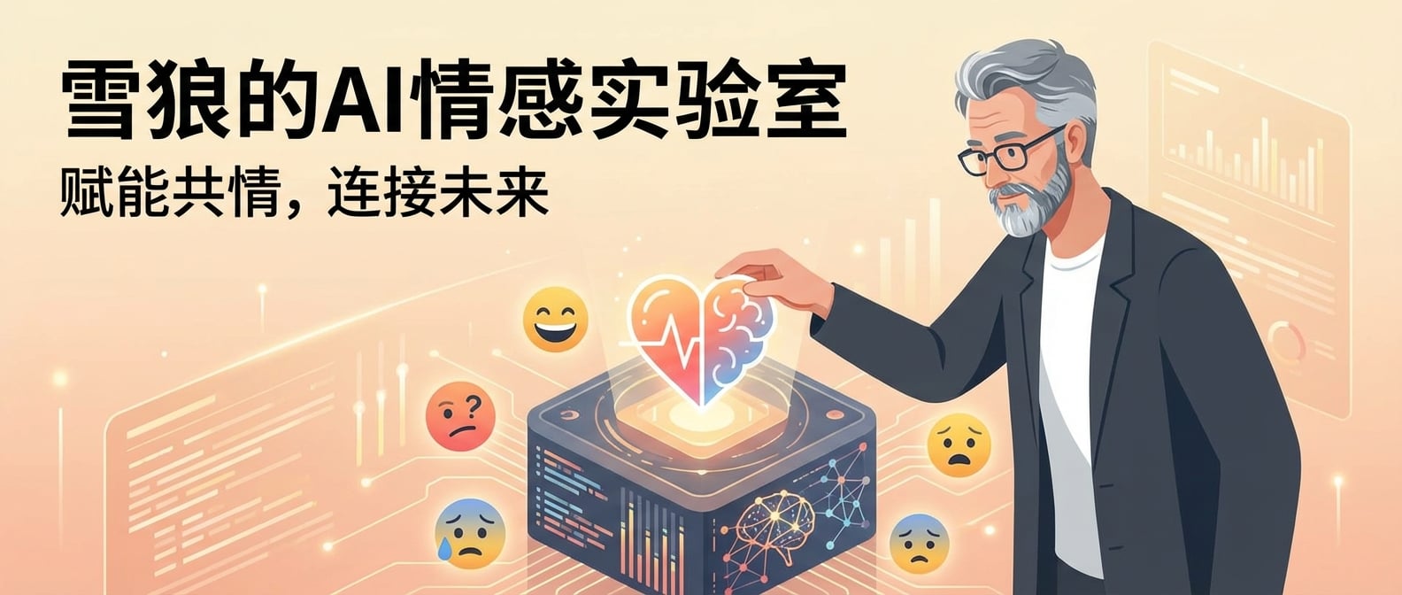 文生图:扁平化矢量插画,一个身着现代简约服装的“雪狼”设计师形象,他手持一个发光的、抽象的“共情”符号(如一个心形与大脑融合的图标),将其轻轻放置在一个由数据流和神经网络构成的AI核心上。AI核心周围环绕着用户不同的表情(喜悦、困惑、担忧),象征着AI正在学习和理解人类情感。背景是温暖、柔和的数字界面,强调人机交互中的情感连接和同理心。