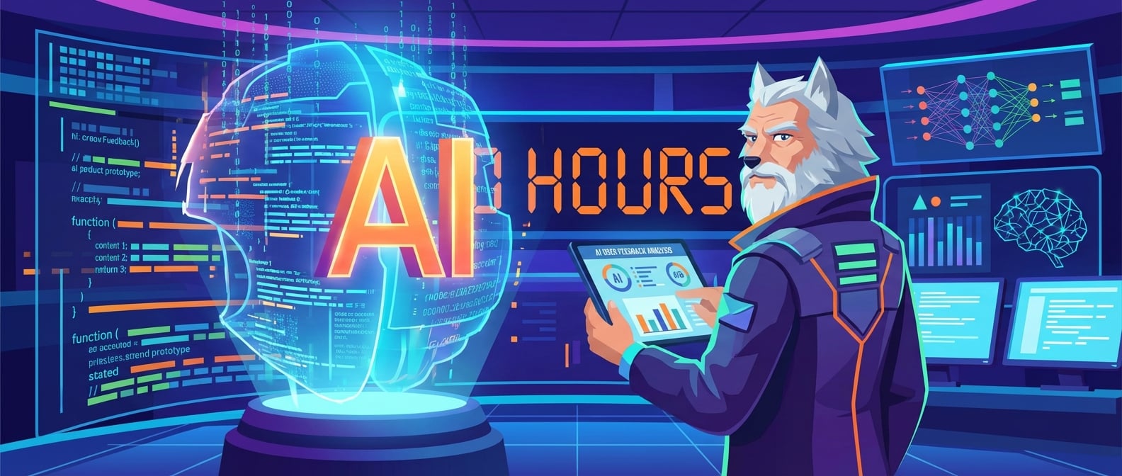 文生图:扁平化矢量插画,一个身着未来感服装的“雪狼”产品经理形象,他站在一个巨大的、发光的AI产品原型前,原型由代码和数据流动态构建。旁边有一个巨大的数字时钟,时间显示正在以“小时”为单位快速流逝。雪狼手持一个平板电脑,上面显示着AI驱动的用户反馈分析结果和A/B测试数据。背景是充满未来感的AI实验室,有数据流和神经网络图案,强调速度、智能和实验。