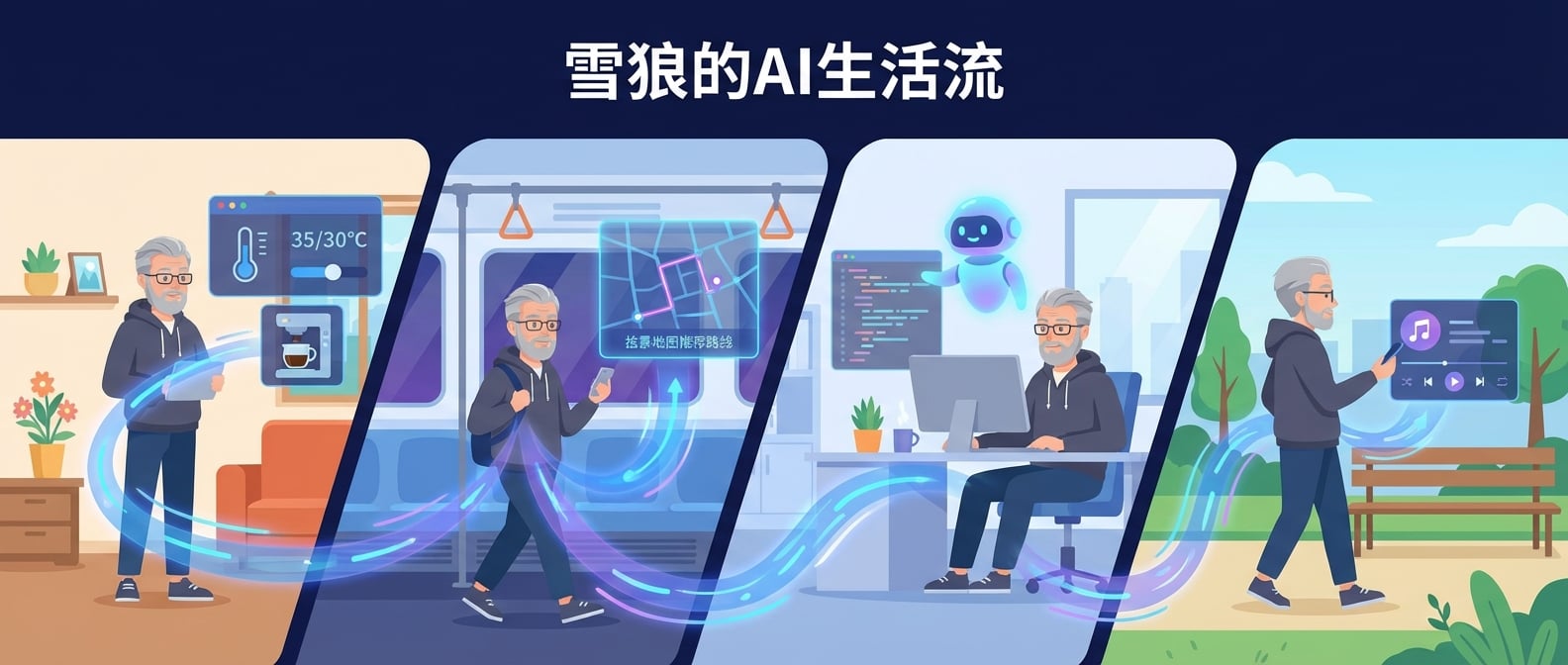 文生图:扁平化矢量插画,一个用户(抽象人形)在不同的生活场景中(家中、办公室、通勤路上、休闲娱乐),场景之间通过流畅、发光的AI数据流和智能连接无缝过渡。在每个场景中,AI(以抽象的智能助手或浮动界面表示)预判用户需求,主动提供服务(如智能家居自动调节温度、通勤路上智能推荐路线)。整个画面强调跨设备、跨场景的流畅体验,用户轻松自如,AI无处不在但又“隐形”。