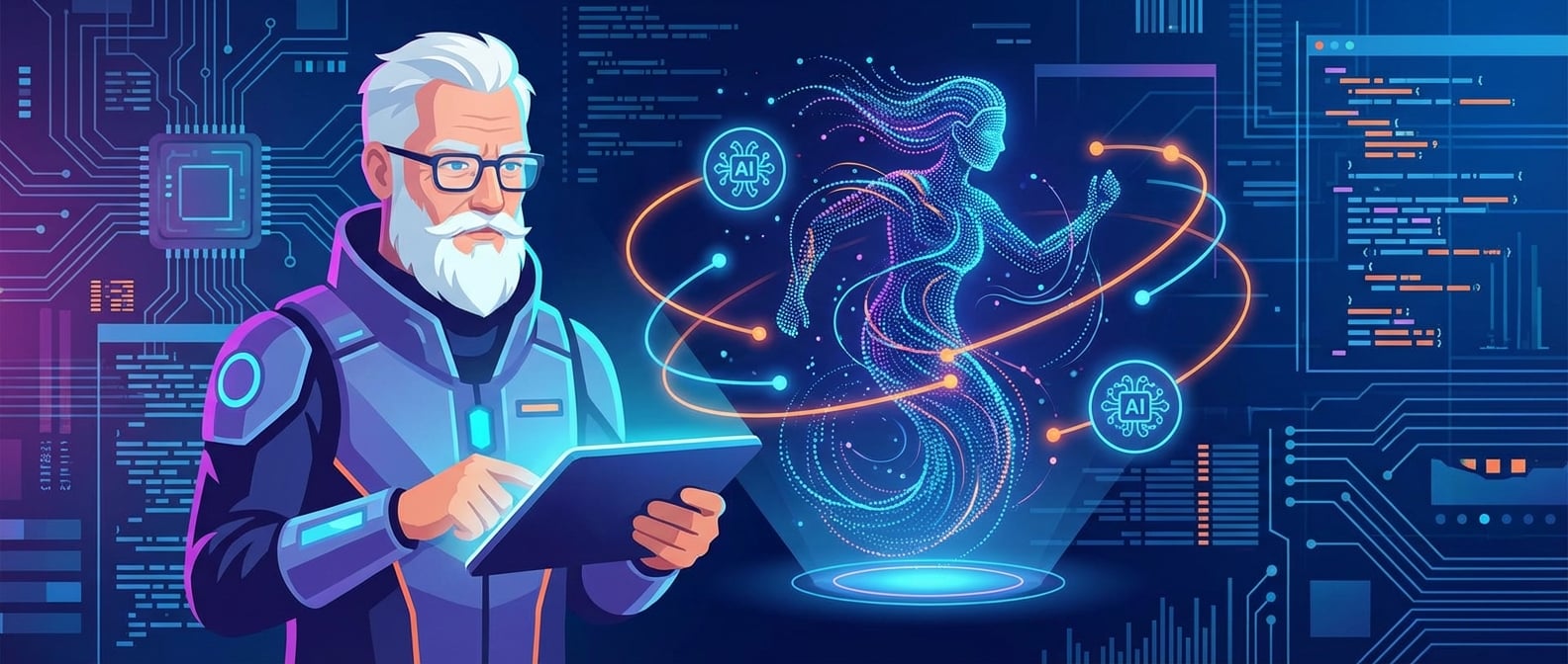 文生图:扁平化矢量插画,一个身着未来感服装的“雪狼”产品经理形象,他手持一个发光的平板电脑,屏幕上显示着一个动态的、由数据点和线条实时构建的“用户画像”。这个画像不是静态的照片,而是一个流动的、不断变化的智能实体,实时反映用户的行为、情绪和需求。画像的周围环绕着用户行为路径的可视化,以及AI的神经网络图标,强调AI的智能和实时洞察。背景是抽象的数字界面,充满科技感。