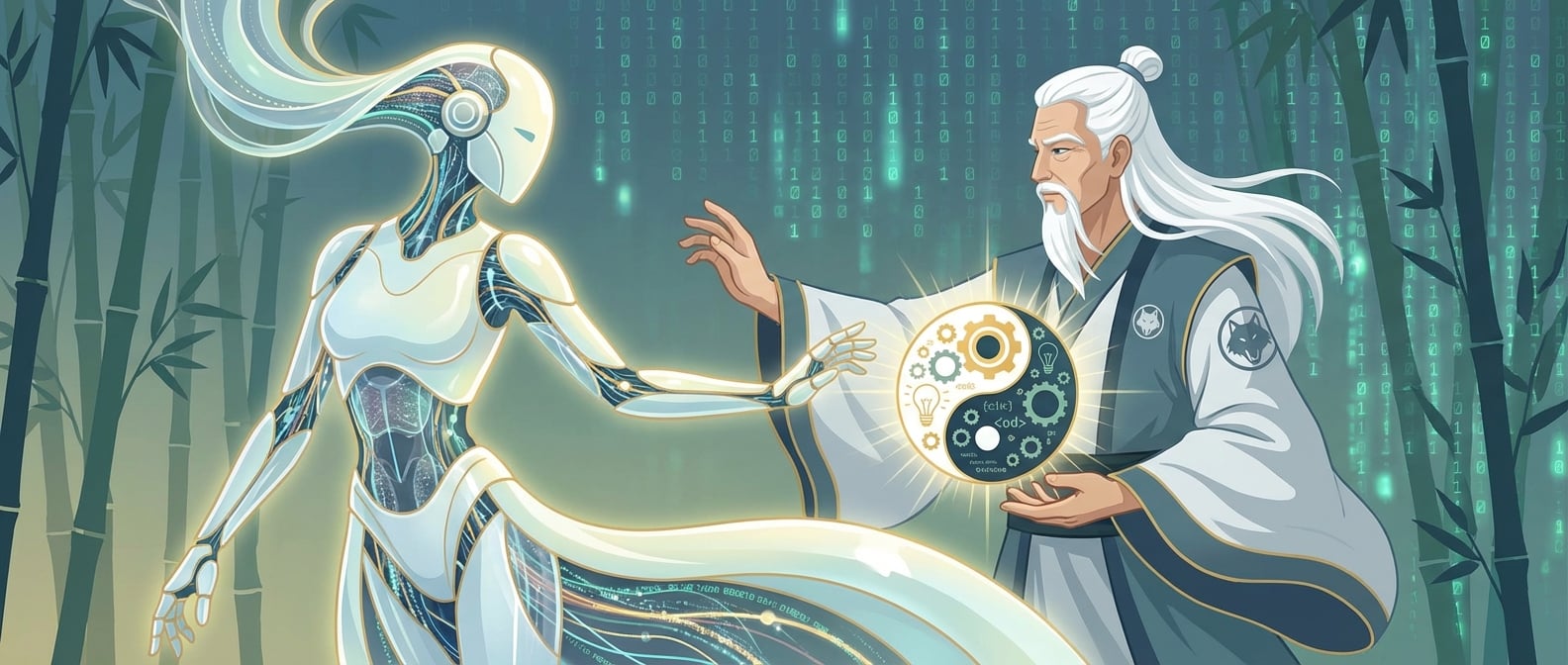 文生图:扁平化矢量插画,一个身着古代武术服饰的“雪狼”宗师形象,他正在引导一个发光的、抽象的AI机器人进行武术修炼。AI机器人内部透视可见复杂的神经网络和数据流(内功),而外部形态则流畅、优雅(外功)。宗师手持一个代表设计思维的太极图,将其融入AI机器人体内,使AI机器人达到“内外兼修”的和谐状态。背景是充满禅意的竹林与科技感的数字矩阵融合的场景,强调平衡与智慧。