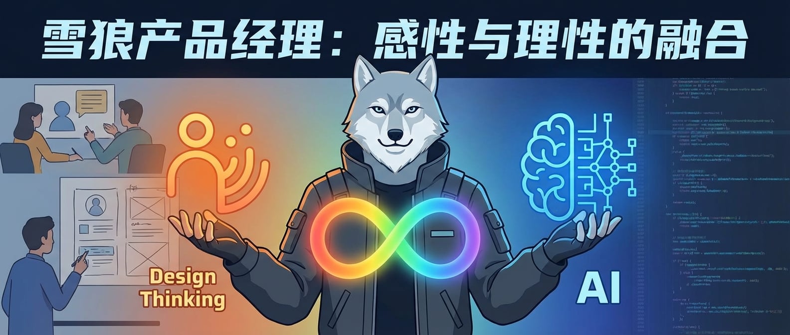文生图:扁平化矢量插画,一个身着现代科技感服装的“雪狼”产品经理形象,他双手分别握持着两个发光的符号。左手是代表“设计思维”的抽象人形图标(温暖、曲线),右手是代表“AI”的抽象大脑或神经网络图标(酷炫、方正)。两个符号在雪狼的胸前交汇融合,形成一个和谐统一的光芒。背景是交织的用户研究场景和数据流,强调左右脑结合,感性与理性的融合。